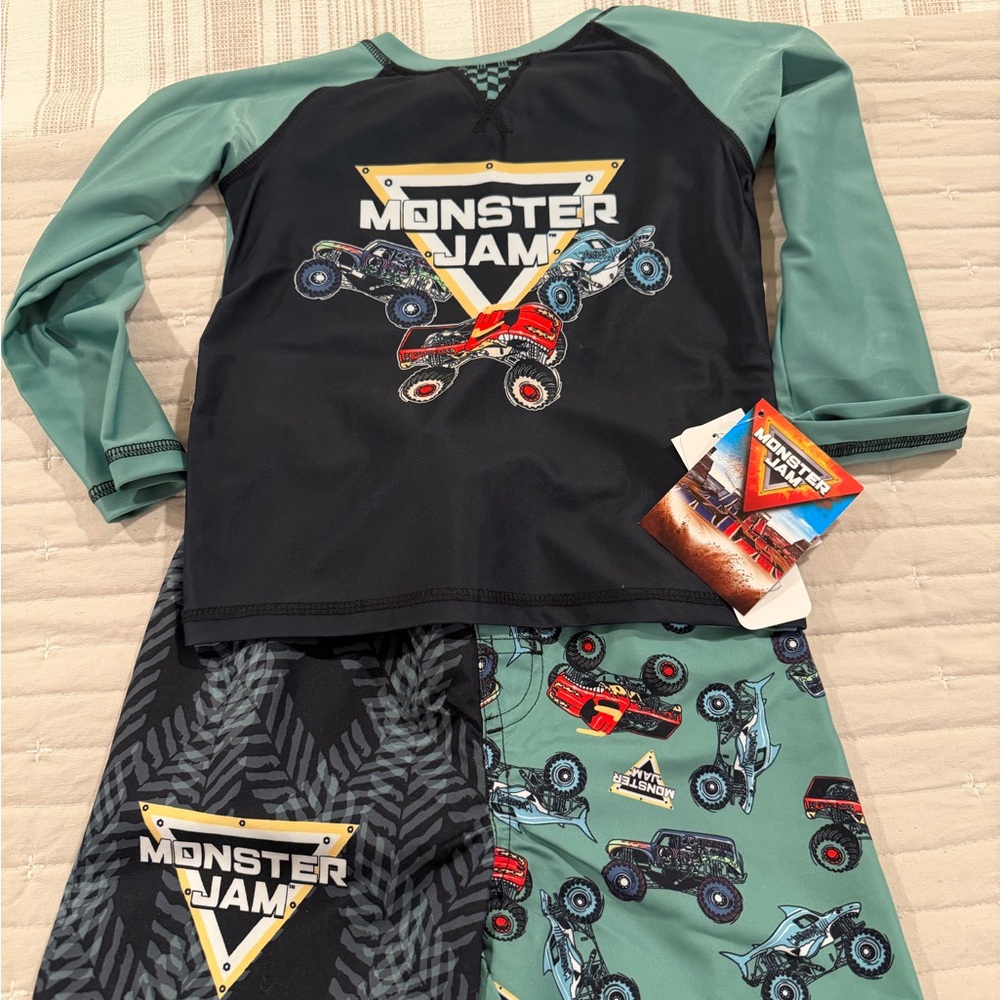 Monster Jam Kids' Swim Trunks & Rash Guard Set - Green & Black